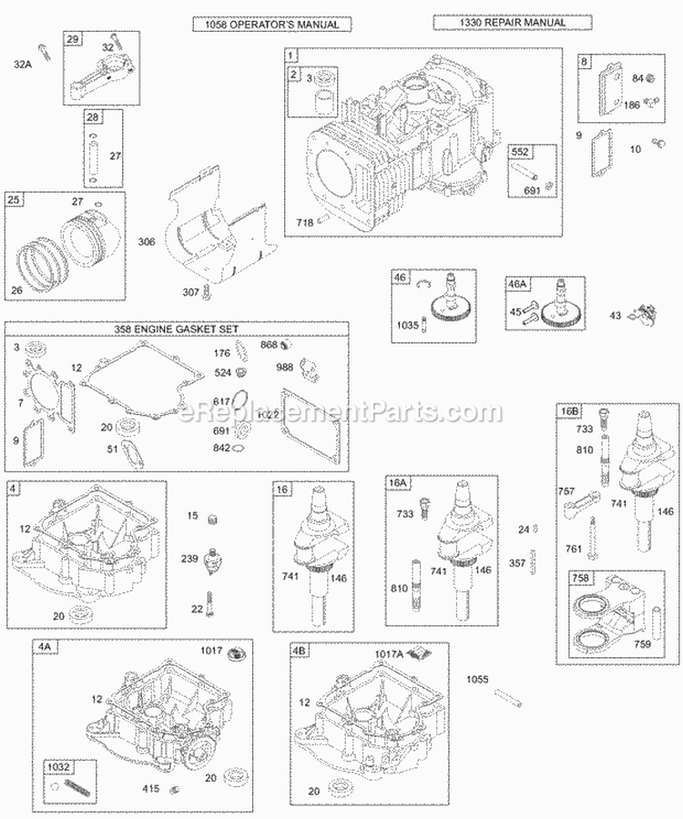 Crankcase CoverSump Crankshaft Cylinder PistonRings Connecting Rod Diagram and Parts List for  Briggs and Stratton Engine